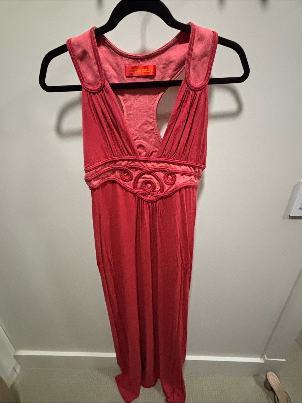 Sleeveless Coral Maxi Dress with Embroidered Waist